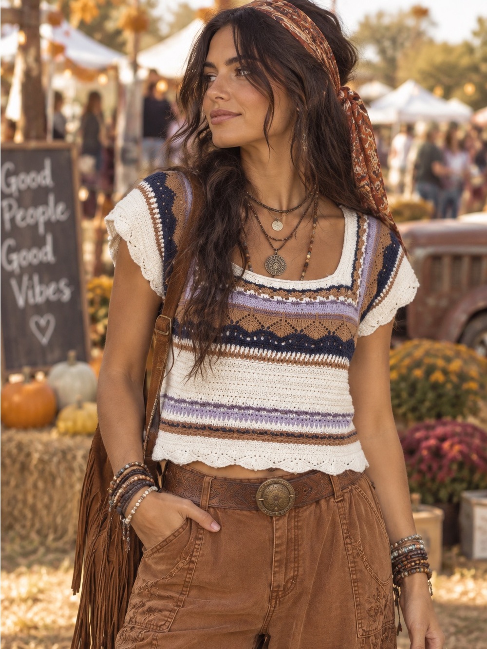 POL Boho Polyester Crochet Crop Top in Cream, Brown, and Purple Size Small